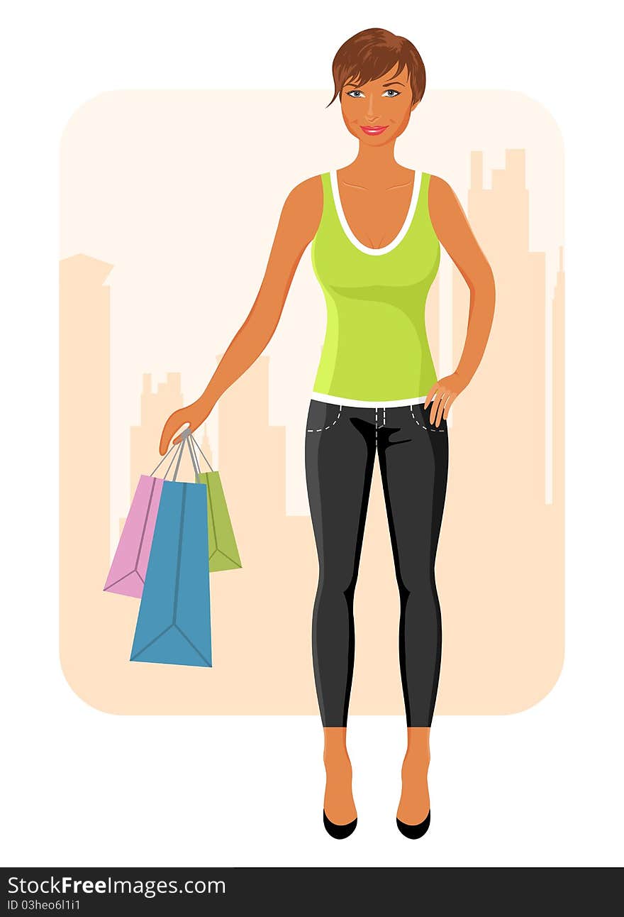 Illustration girl with purchases goes around city - vector