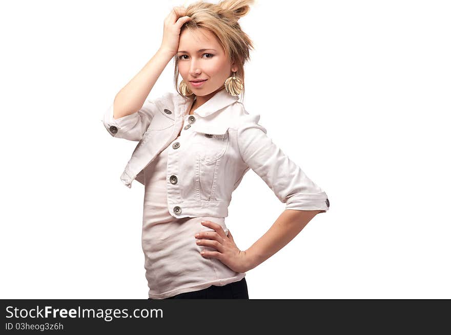 Looking blond hairs woman, closeup, posing in studio, isolated on white. Looking blond hairs woman, closeup, posing in studio, isolated on white