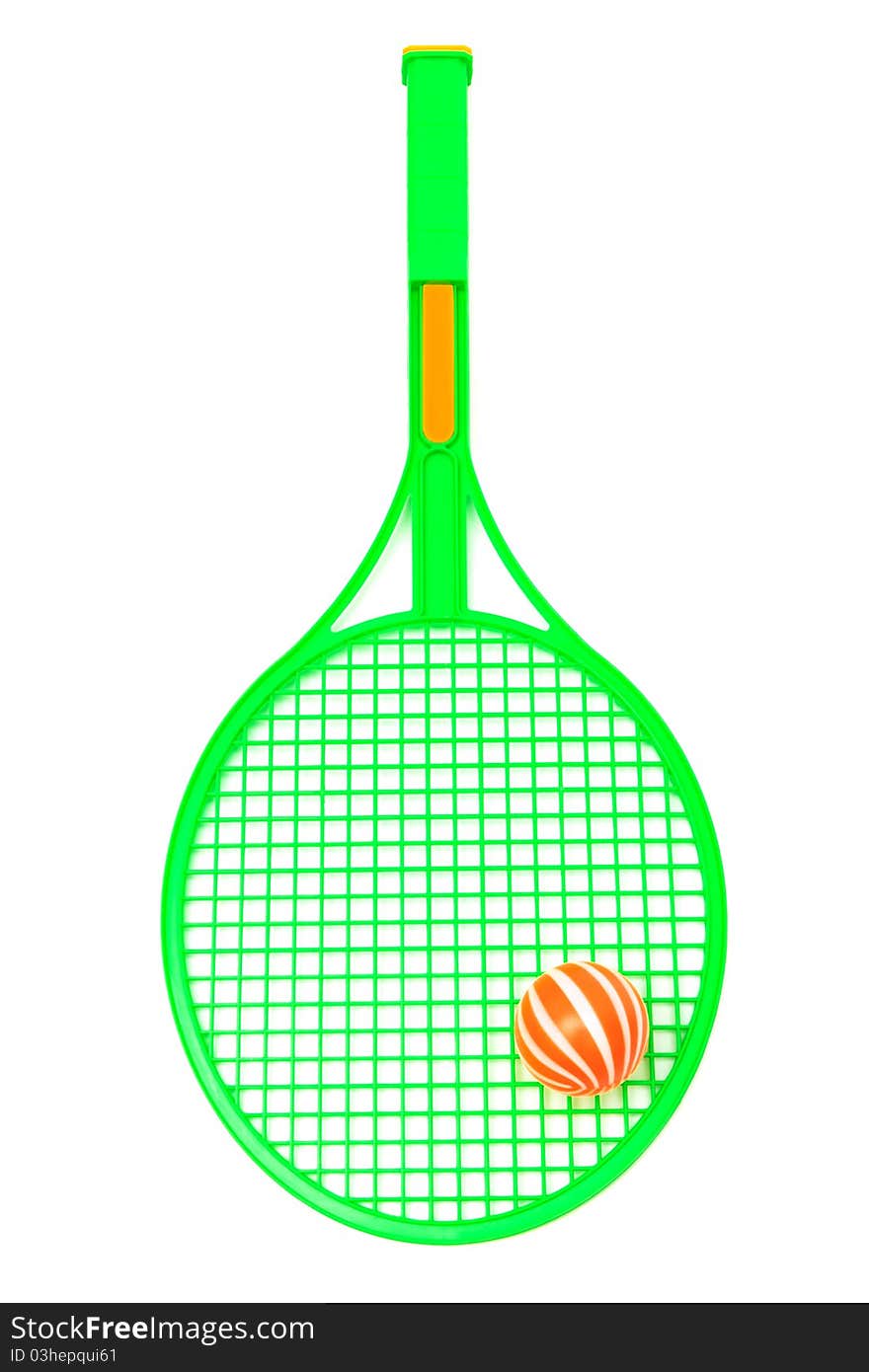 Green racket and ball on a white background