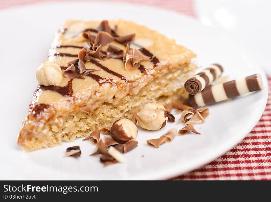 Piece of cake with chokolate on white plate