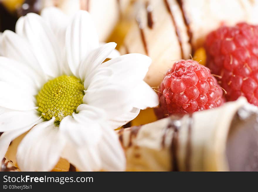 Piece of cake on plate with berries and fruits and camomile