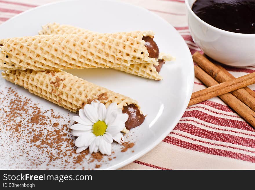 Piece of cake with chokolate on white plate