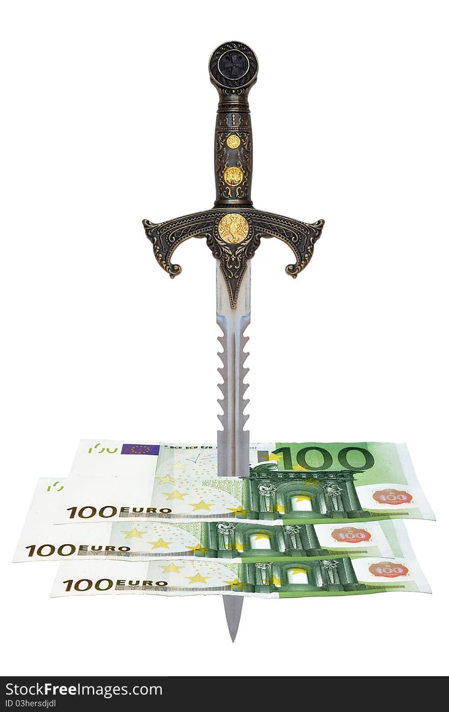 A hundred euros banknotes stuck with sword. A hundred euros banknotes stuck with sword