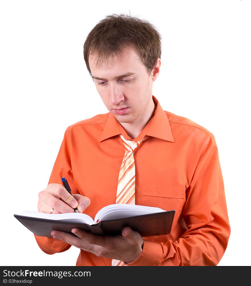 The young businessman with the daily log isolated