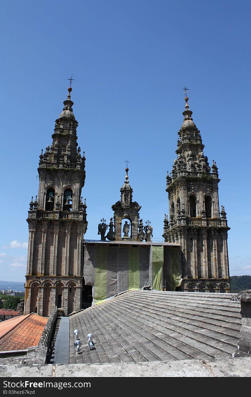 Image from the stone roof of Santiago de Compostela´s pilgrimage cathedral in galicia, spain. You can see the towers from the roof, the oposite vision of obradoiro´s square. Image from the stone roof of Santiago de Compostela´s pilgrimage cathedral in galicia, spain. You can see the towers from the roof, the oposite vision of obradoiro´s square.