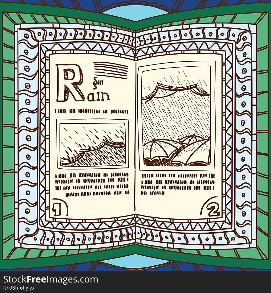 Ornamented magic book with page of rain. Ornamented magic book with page of rain