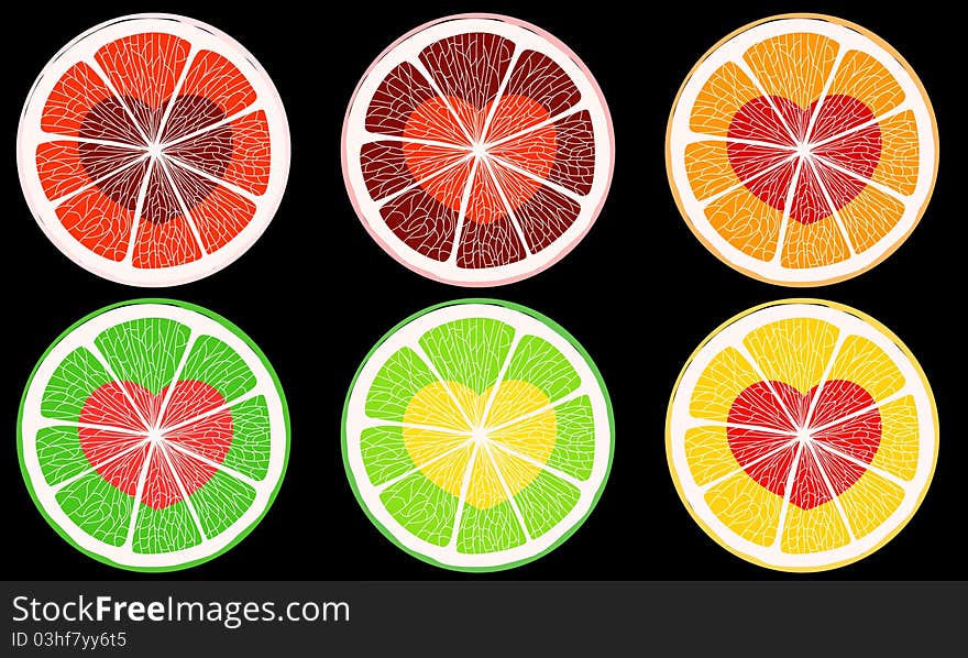 Six colorful citrus hearts slice