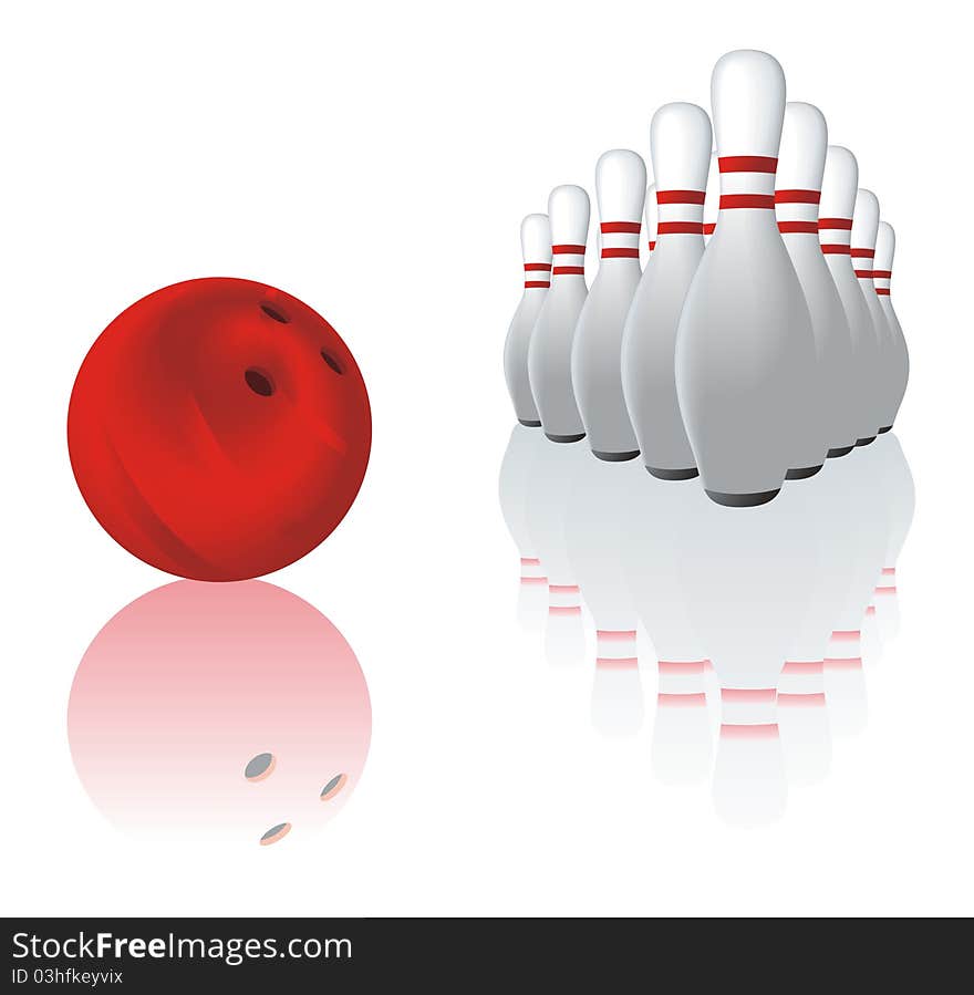 Bowling ball and skittles and their reflection. Bowling ball and skittles and their reflection