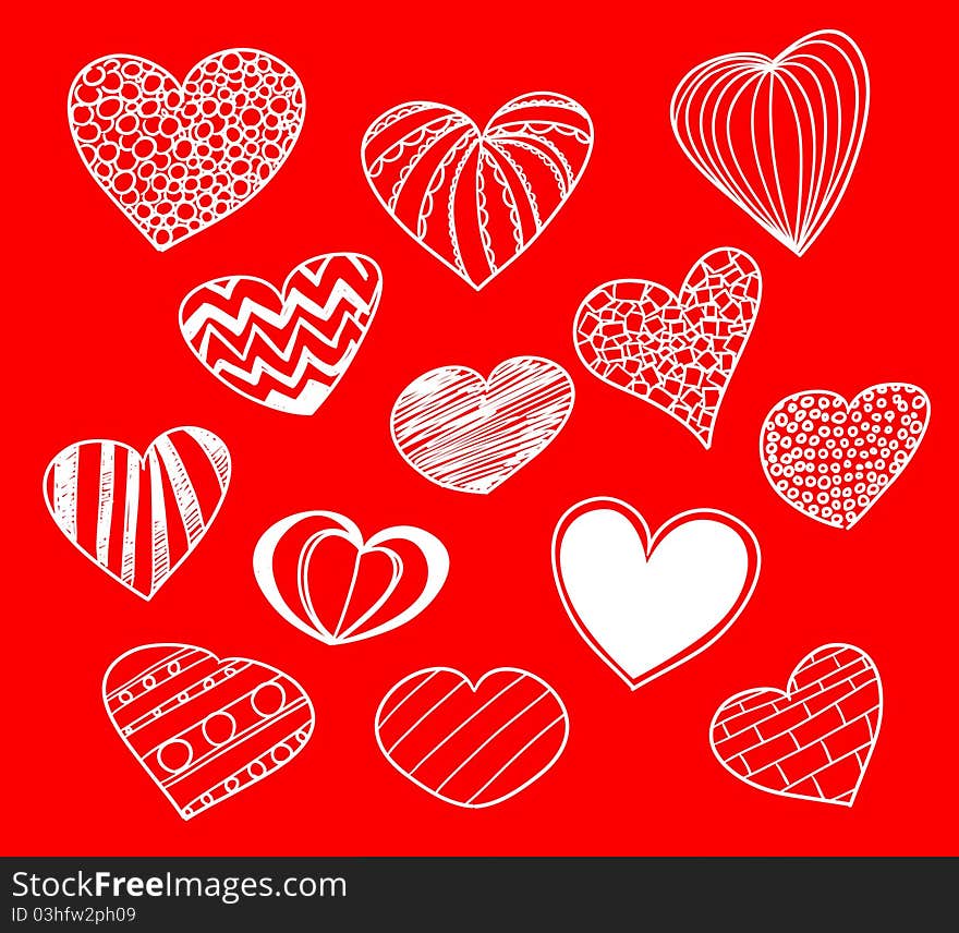 White hand-drawn hearts on red. White hand-drawn hearts on red