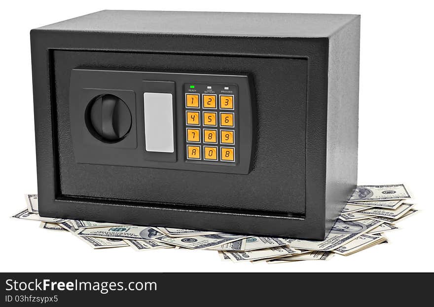 Metal safe is on hundred dollar bill. Isolated on white.