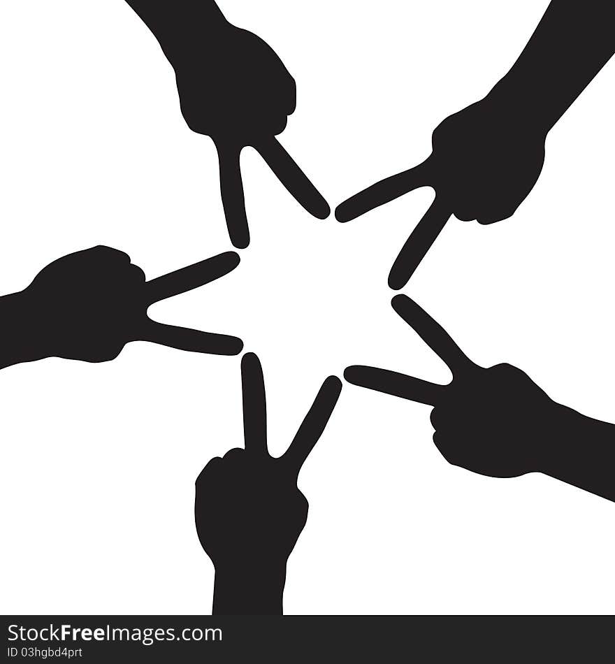 Many hands connecting to star. Many hands connecting to star