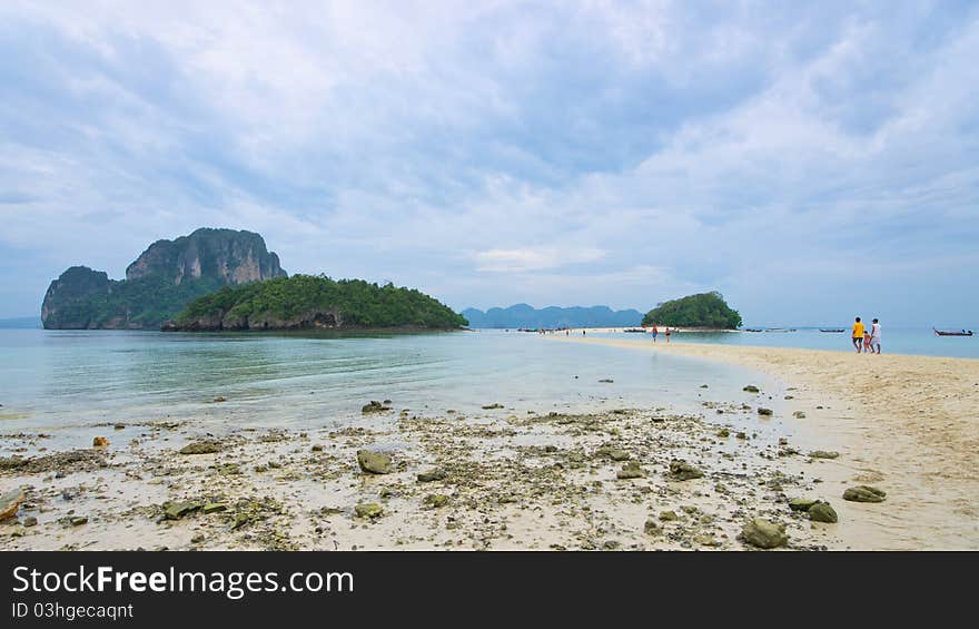 Sandy isthmus to the island in the sea, Thailand