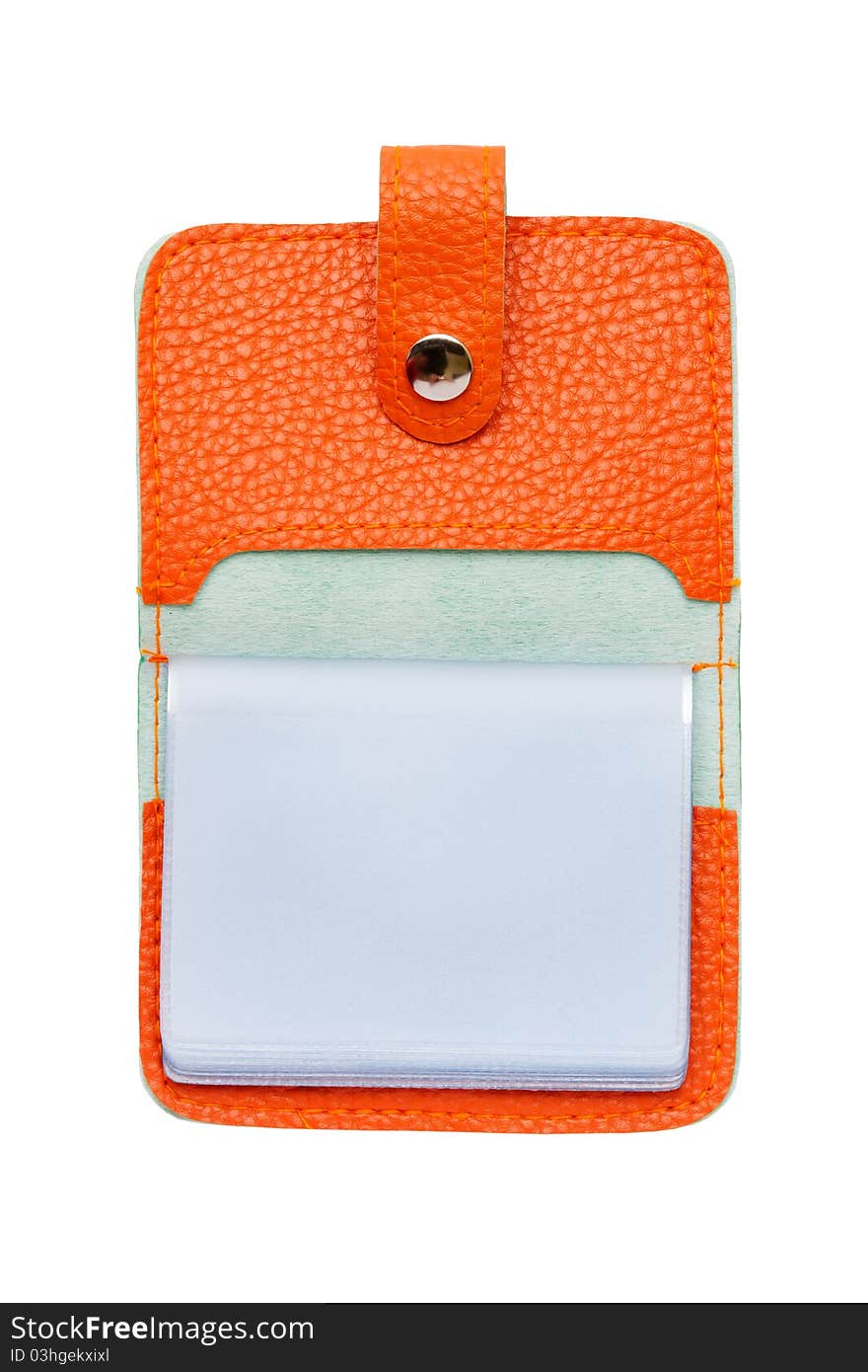 The opened orange card holder bag isolated on the white background