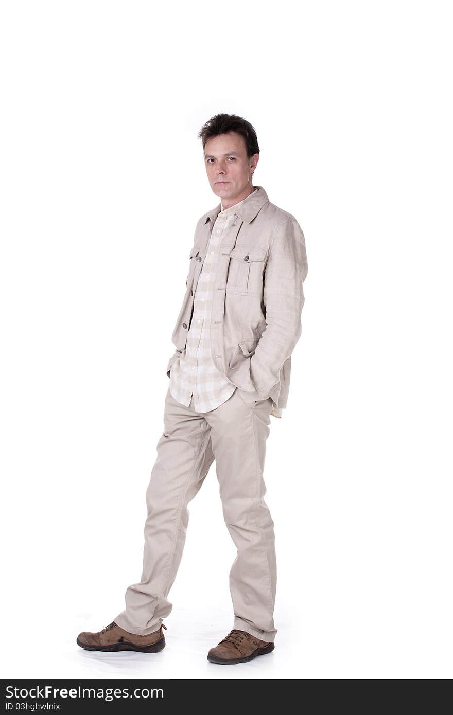 A middle age man portrait in  casual dress over white. A middle age man portrait in  casual dress over white