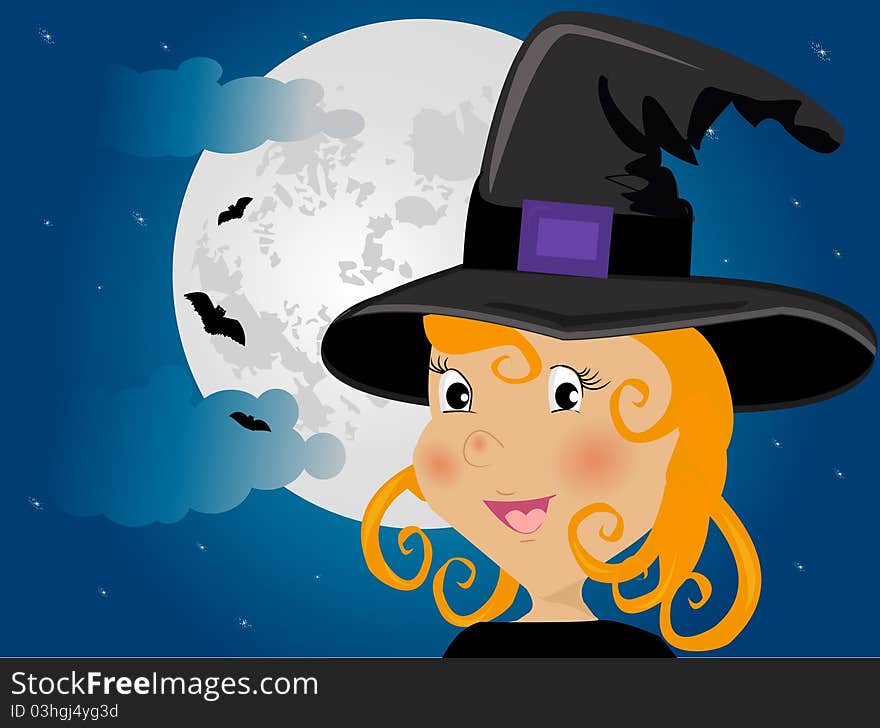 Cute girl in halloween costume whit moon and bats