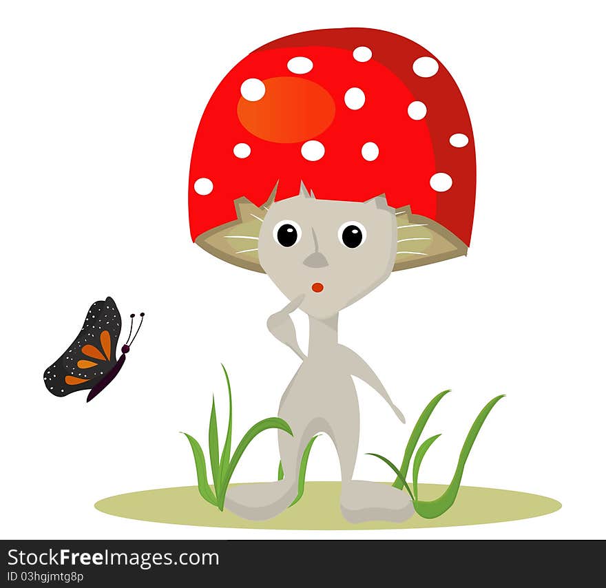 Cartoon mushroom whit butterfy on white