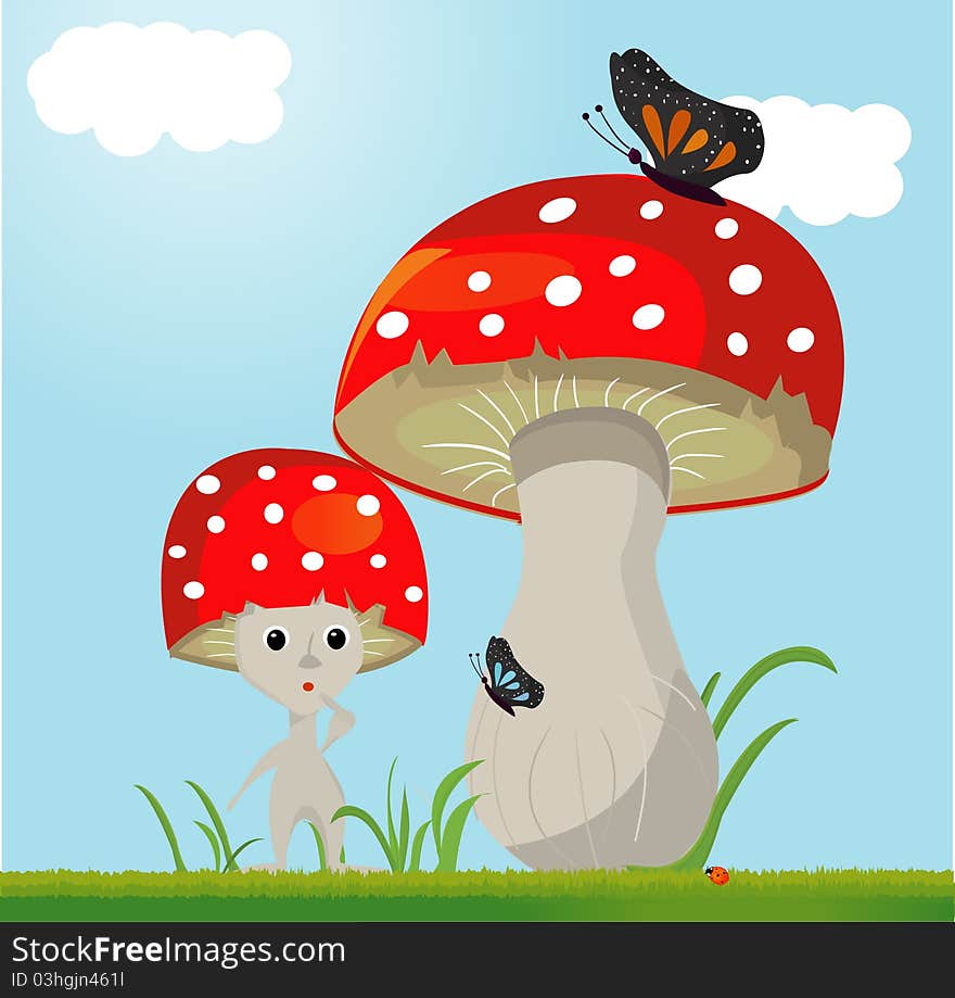 Cartoon cute mushroom whit butterfy