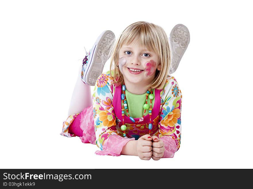 Young Happy Blond Disguised Girl On The Floor