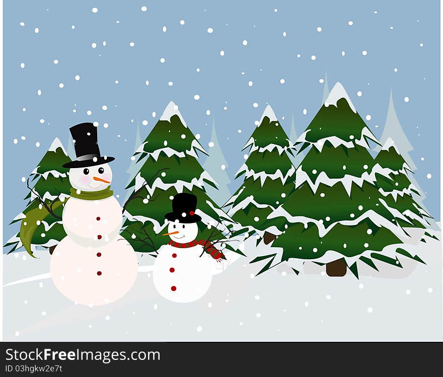 Christmas card, snowman and trees