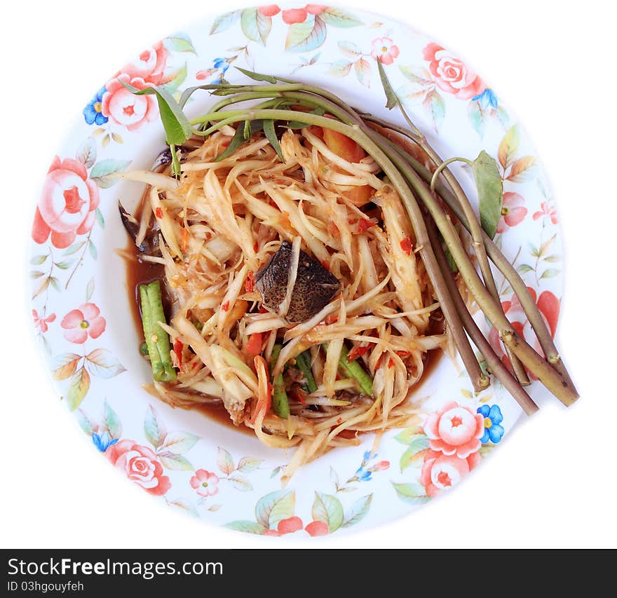 Thai spicy salad(somtam) on white background