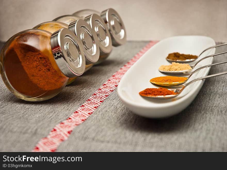 Spices in spoon on the tray