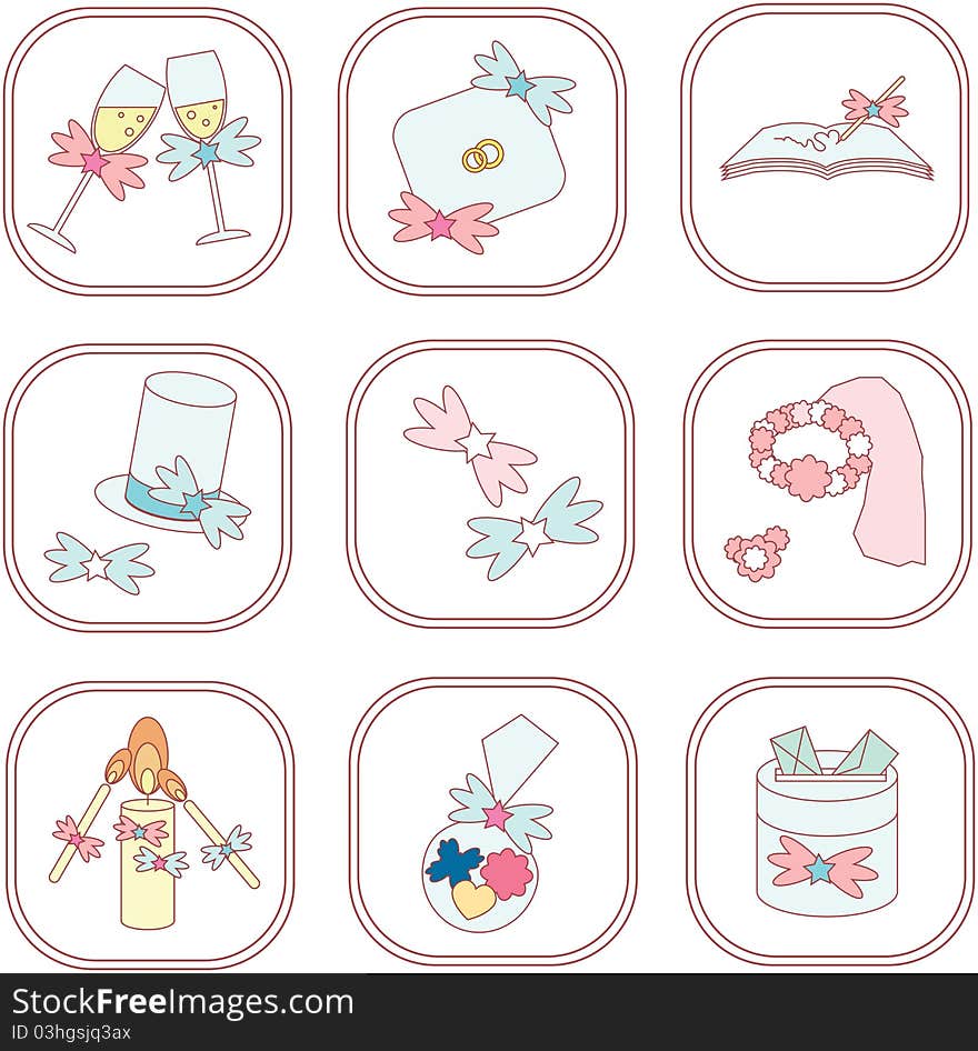 Wedding icons depicting the wedding accessories and attributes such as: champagne glasses, a pillow for wedding rings, a book for the wishes, hat and bow tie, bows, veil and bouquet of the bride, wedding candles, gifts for guests, a box for monetary gifts