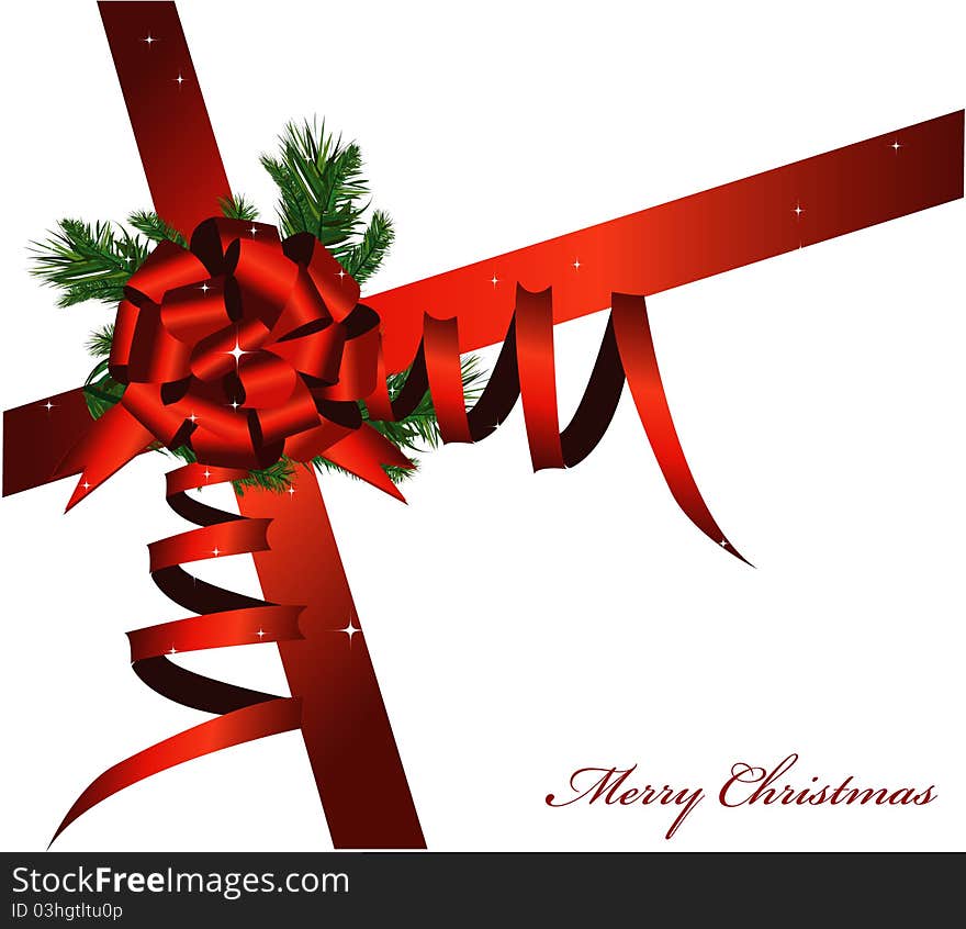 Christmas card with a red ribbon. Christmas card with a red ribbon