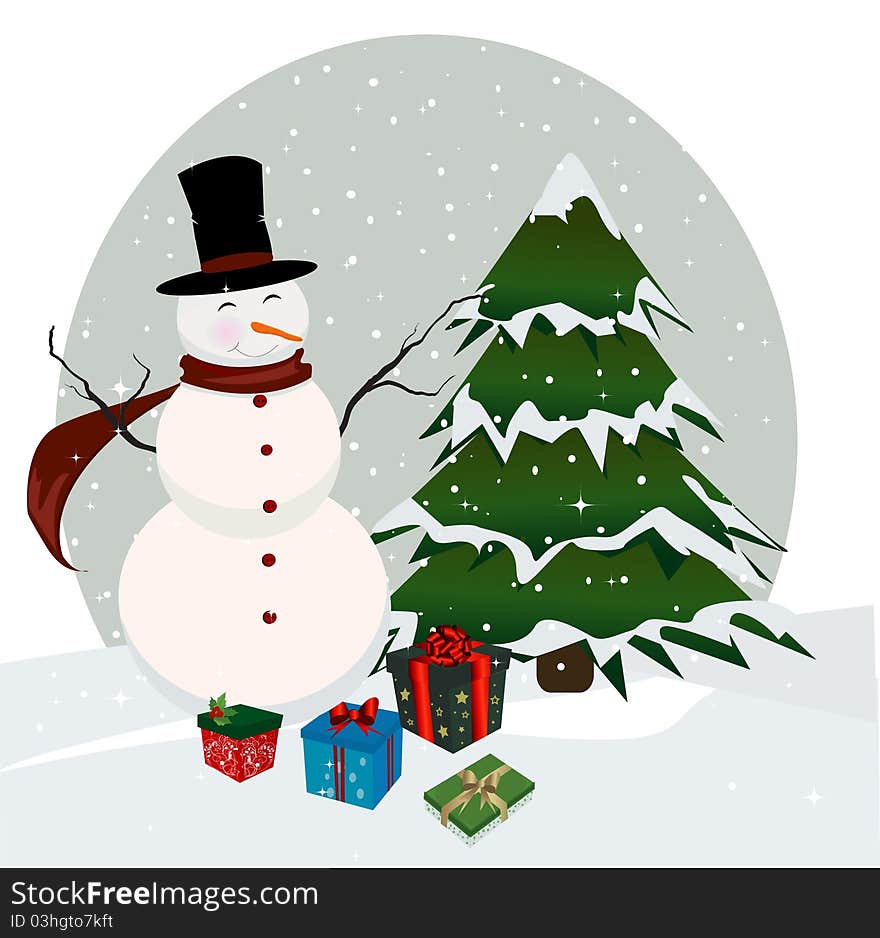 Snowman whit gift boxes and christmas tree