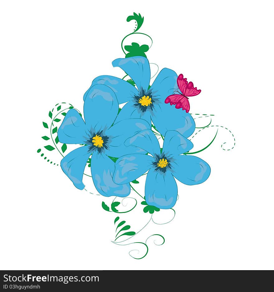 Blue floral background whit butterfly