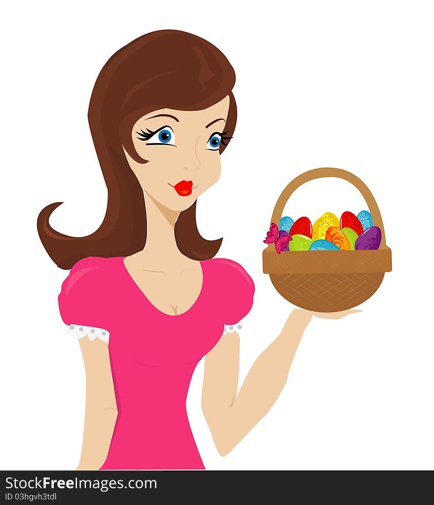 Beautiful girl with basket of paschal eggs. Happy easter.