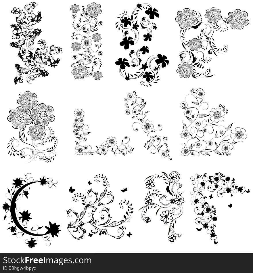 Black and white flowers angle set. Black and white flowers angle set