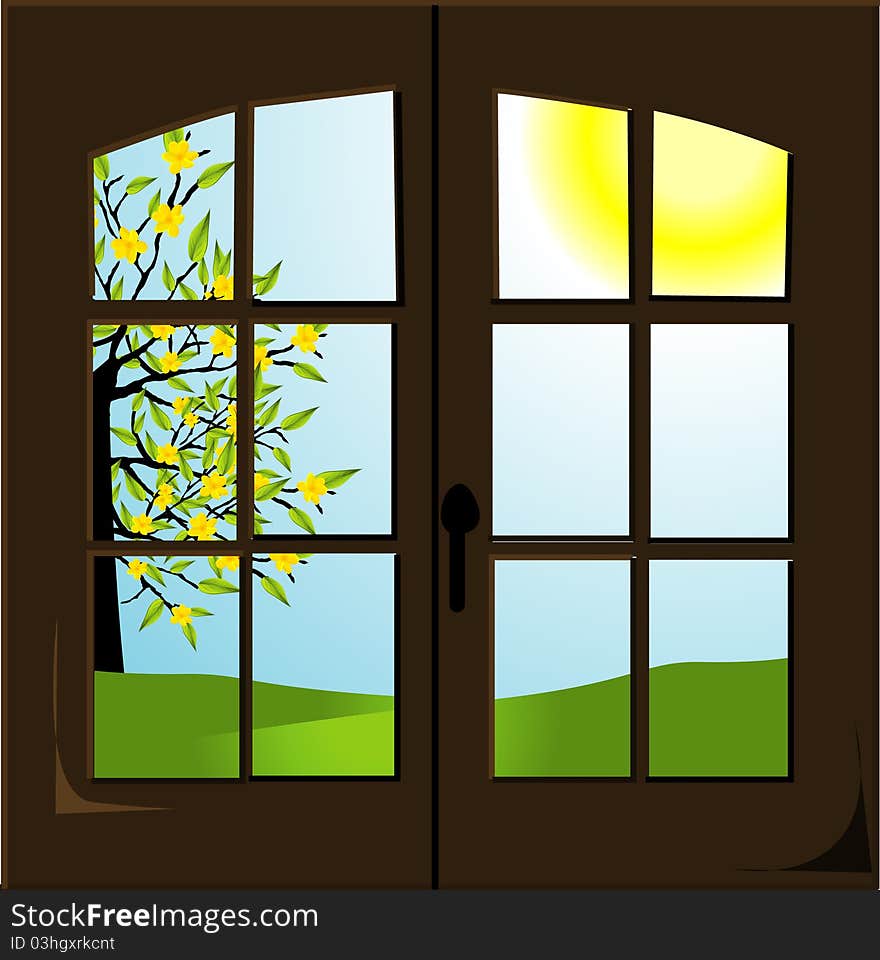 Open window with a spring landscape