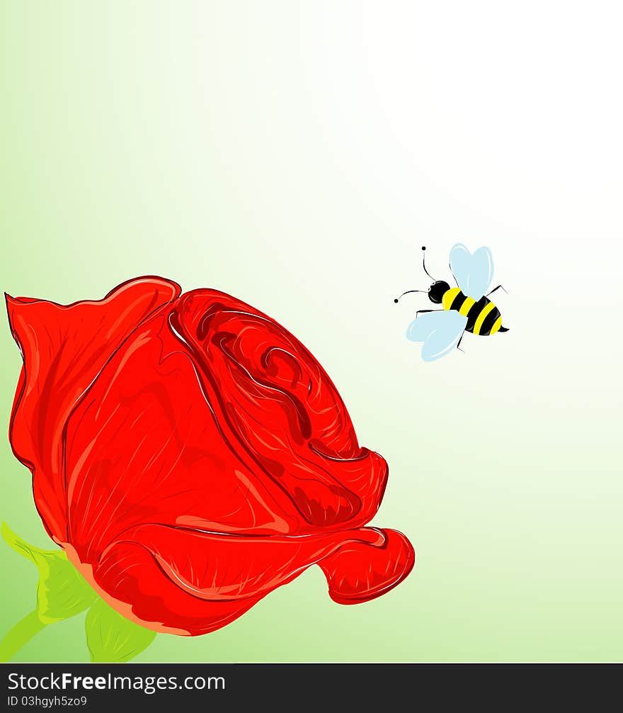 Red roses background whit bee