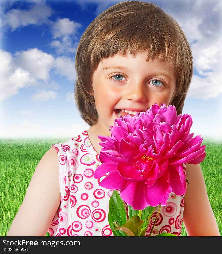 Little girl with peony flower isolated on white background. Little girl with peony flower isolated on white background