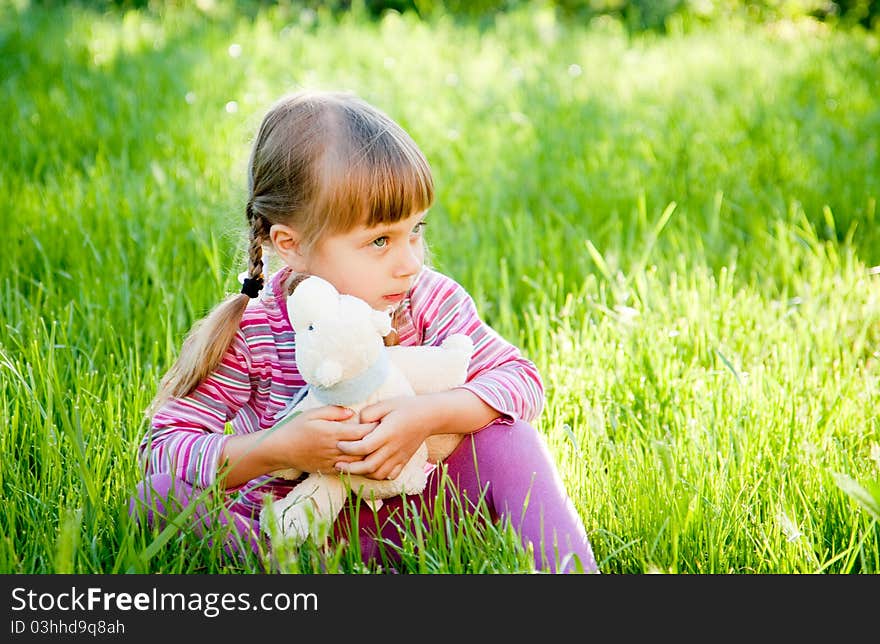 Sad Little Girl Alone On Outside The Home