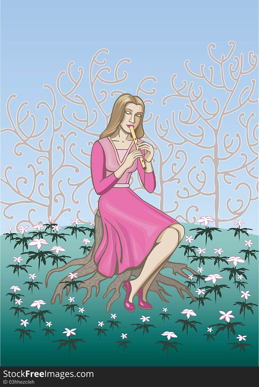 A girl plays on a flute(illustration)