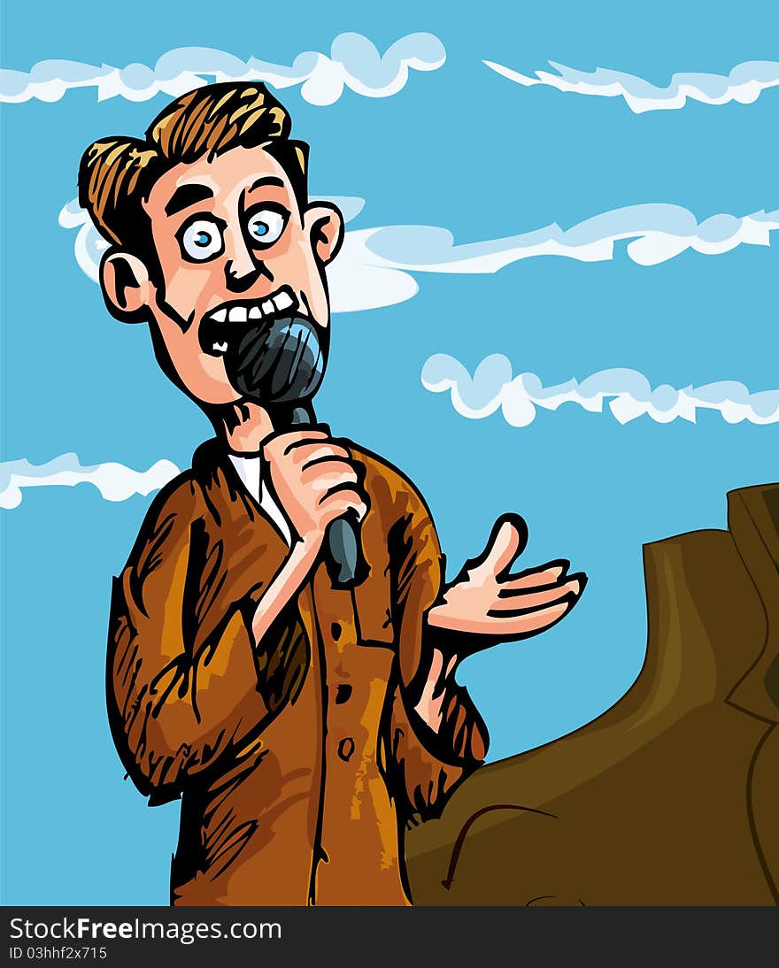 Cartoon reporter with a microphone. Sky and clouds behind. Cartoon reporter with a microphone. Sky and clouds behind