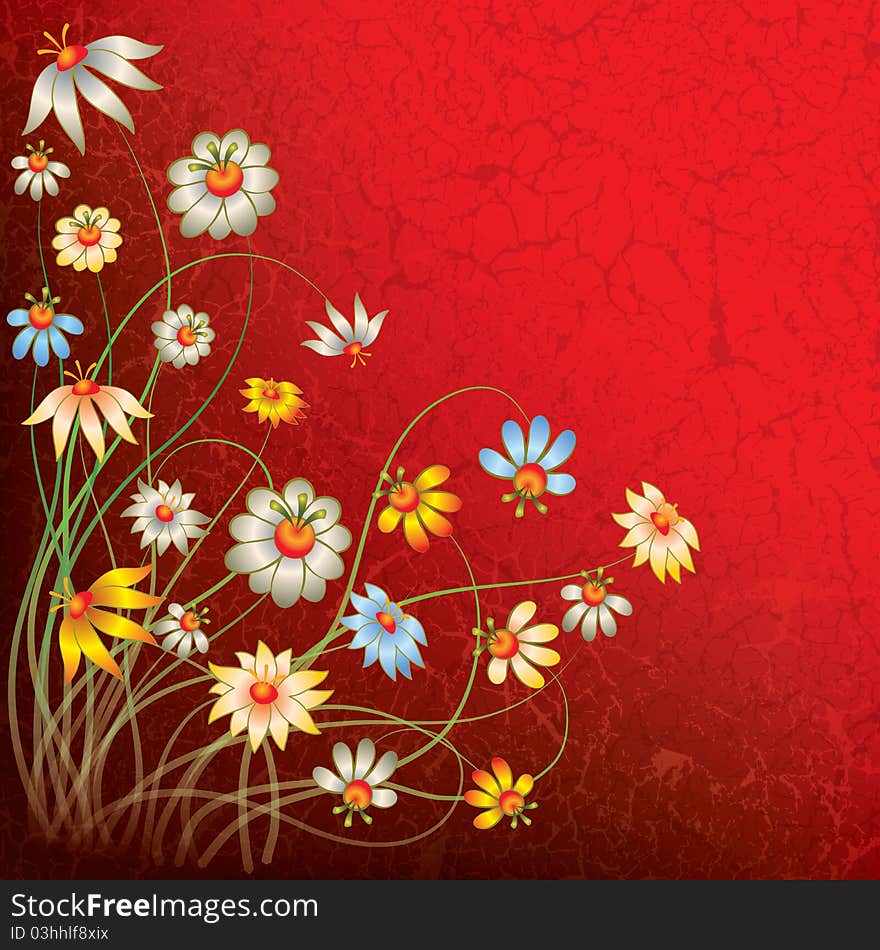 Abstract grunge red floral background with flowers. Abstract grunge red floral background with flowers