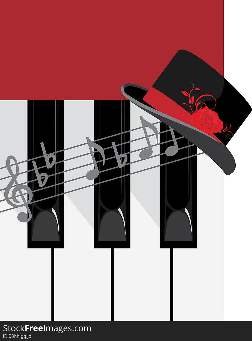 Piano keys and female hat. Illustration