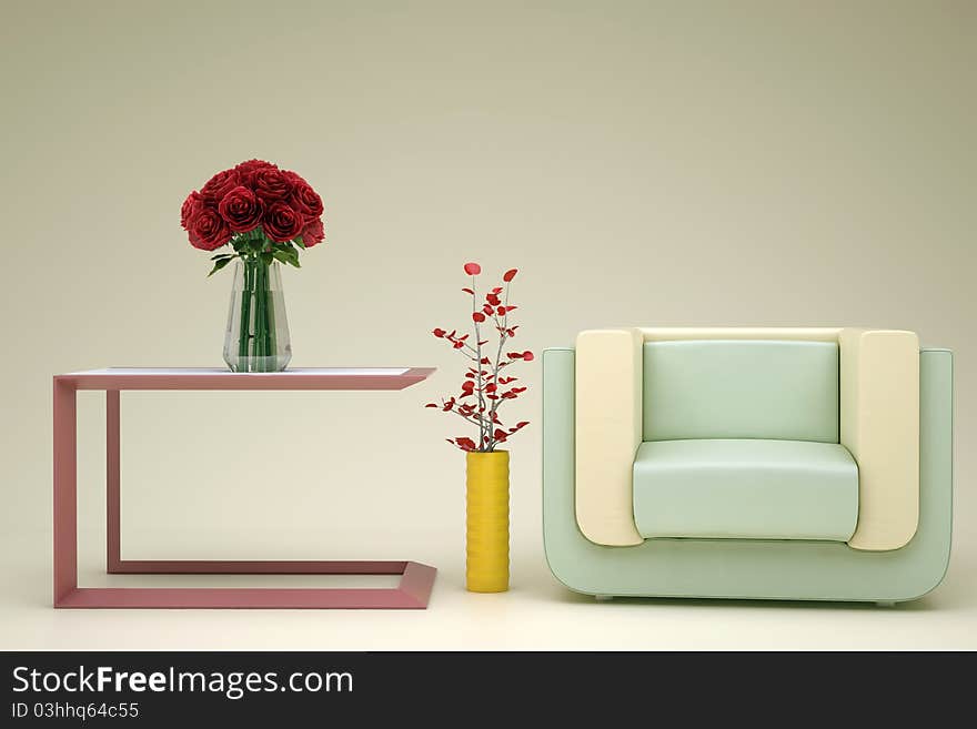 Beige green armchair in the room with flowers