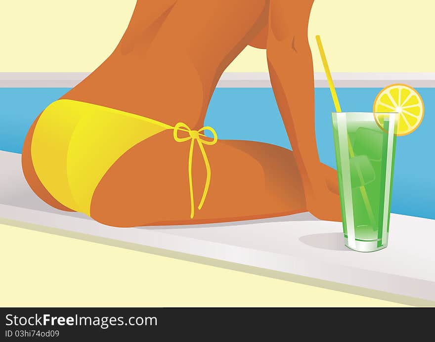 A illustration of a girl sitting by the swimming pool with a drink. A illustration of a girl sitting by the swimming pool with a drink.