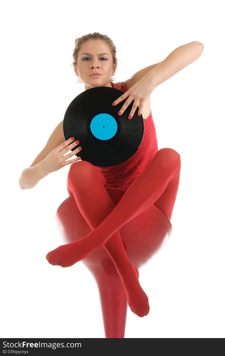 Young woman with vinyl record isolated in white