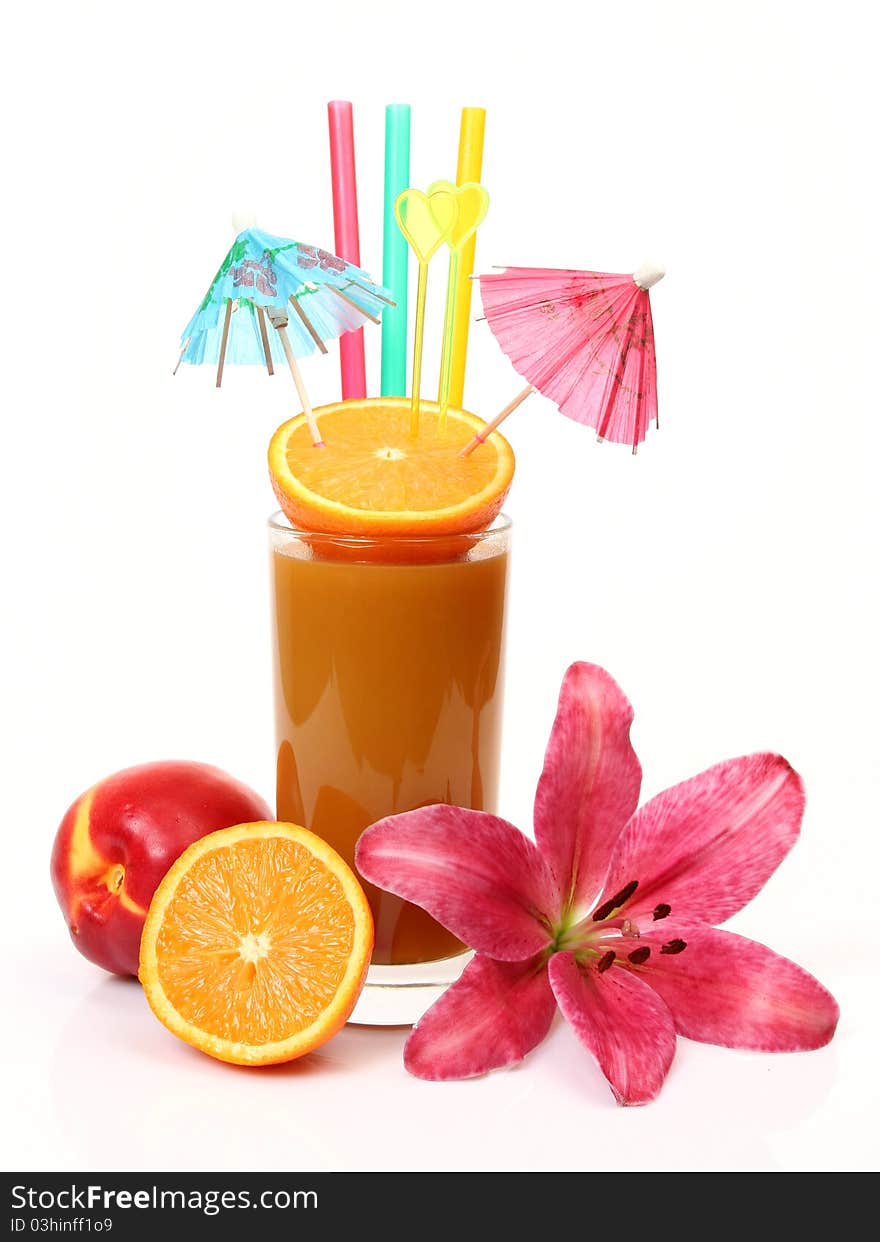 Fruit and juice on a white background