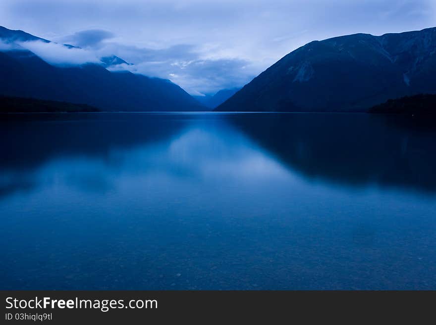 Mountain lake at sunset