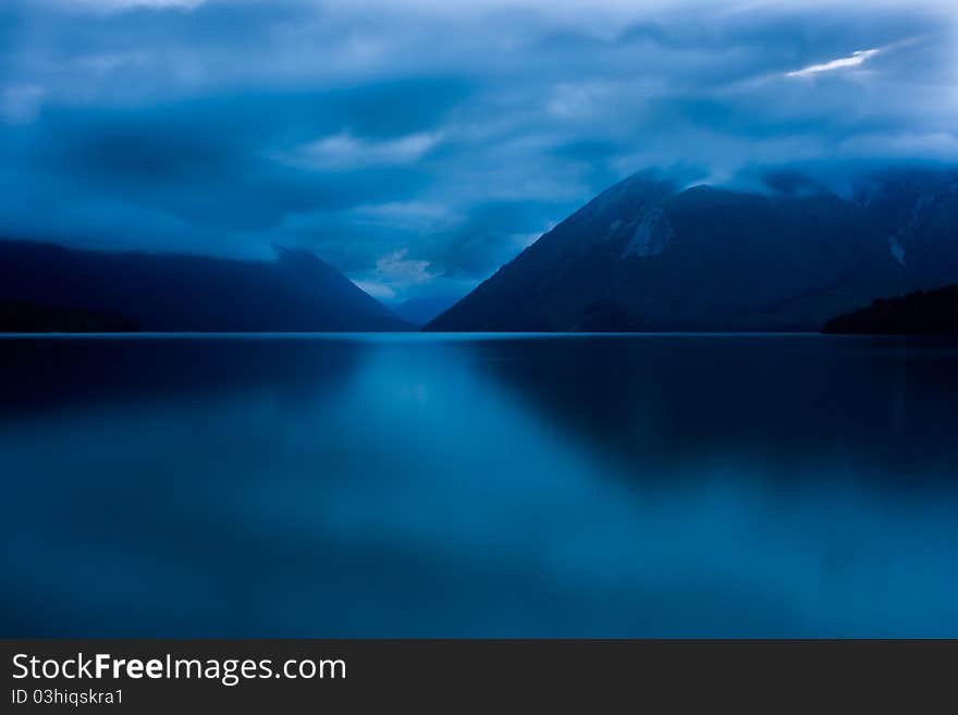 Mountain lake at sunset