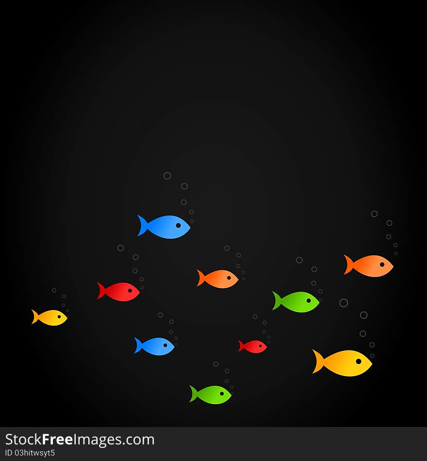 Fishes float on a black background. A illustration. Fishes float on a black background. A illustration