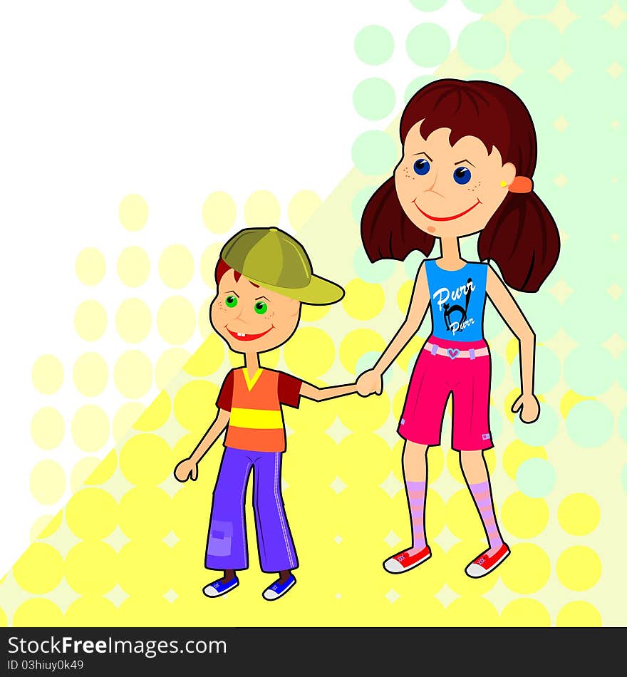 Two smiling kids walking and holding hands of each other. Two smiling kids walking and holding hands of each other