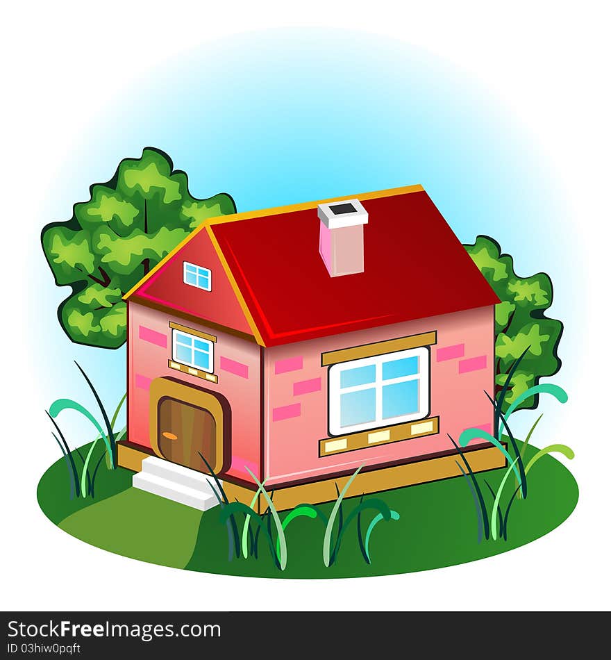 Pink brick house with chimney on meadow with trees. Pink brick house with chimney on meadow with trees