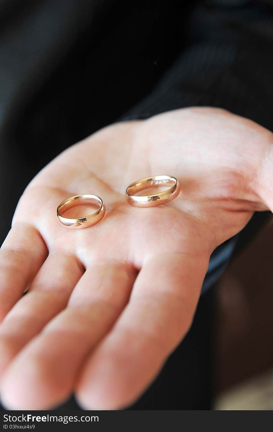 Grooms hand holding wedding rings