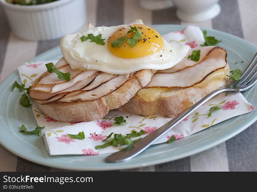 Toasted bread with ham, melted cheese and fried egg. Toasted bread with ham, melted cheese and fried egg